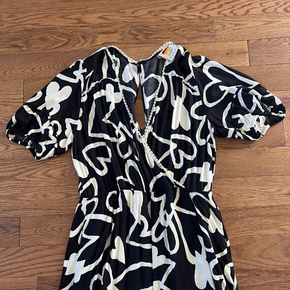 NWOT Anthropologie Farm Rio Sinead Hearts Jumpsuit Black White Sz L Puff Sleeve - Picture 3 of 7